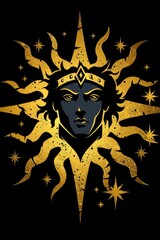  Simple logo design featuring a yellow sun with rays, black background, gray for the sun texture and orange, minimalist