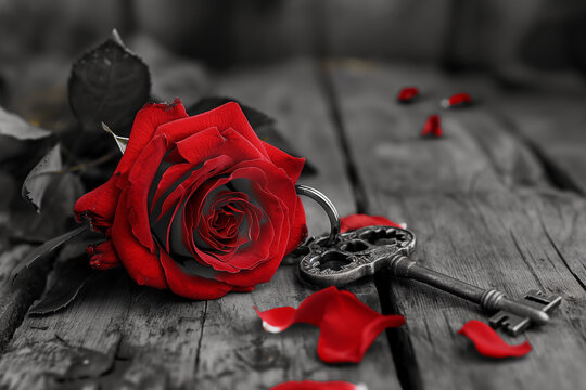red rose on black wooden background with key