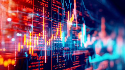 Fototapeta premium Dynamic stock market data and financial chart with glowing red and blue lines against a digital interface.