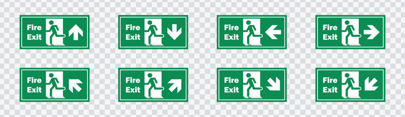 "Fire action signs.Emergency exit and action signs for safety."