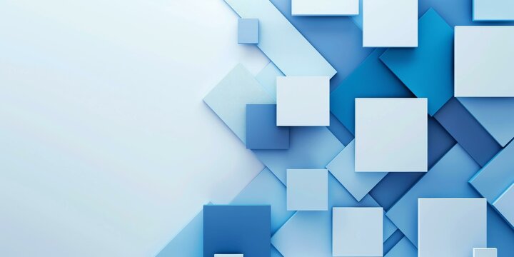 A detailed and intricate blue and white geometric background with various 3D rendered squares and rectangles.
