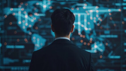Business professional analyzing a global network data map, highlighting international connections and technology-driven insights.
