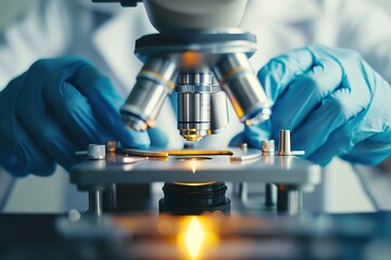 Hands in blue gloves operating a microscope, focusing on a specimen, highlighting a scientific research process.