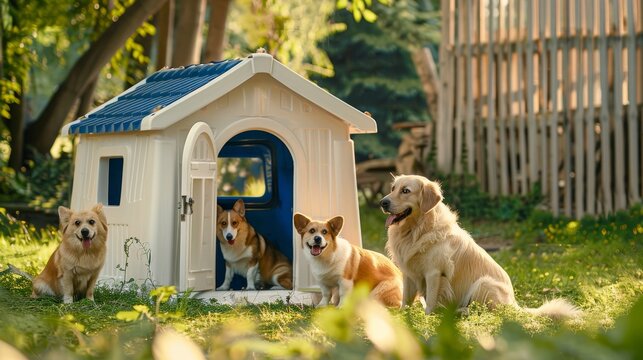 Dogs sitting in front of the doghouse in garden