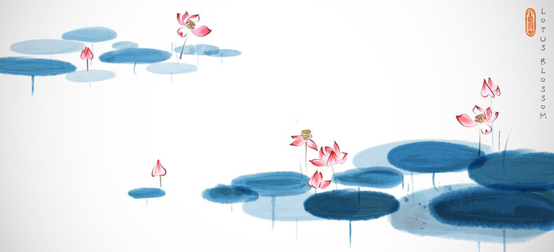 Pink lotus flowers with blue leaves in a calm pond on white background. Traditional oriental ink painting sumi-e, u-sin, go-hua.