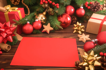 Blank red card in flat lay decorated for Christmas eve. Red and gold colors holiday xmas layout design with copy space for greeting. Garland, Christmas tree, wrapped gifts.