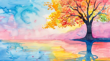 Watercolor Rainbow Tree with Pastel Sky and Reflection