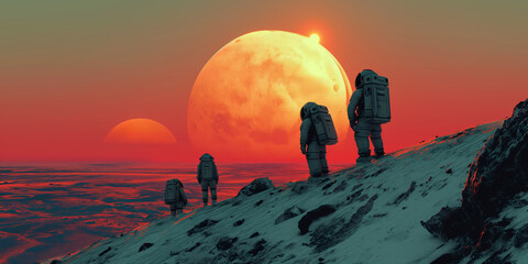 Astronauts exploring the surface of a remote alien planet, space exploration, cosmic adventure, red sky, two moons, snowy mountain, alien terrain, cosmic landscape
