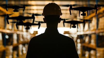 Silhouette of a worker wearing a hard hat in a warehouse filled with drones, indicating modern technology in industrial environments.