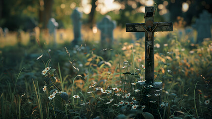 cross in the cemetery, cruise of souls with three steps, wooden cross, spiritual environment