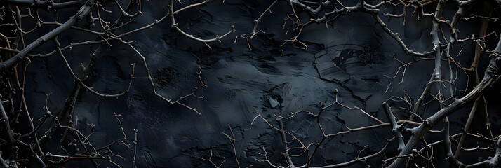 Gothic Dark Fantasy Background Composed of Dry Branches, Thorns, and Ivy. Old Black Grunge Background with Spooky Dry Branches and Thorns. Medieval Fantasy Concept for Dark Series, Halloween Backgroun