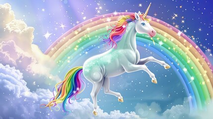 Fototapeta premium Rainbow unicorn fantasy art. Magical unicorn flying through the clouds with a rainbow. Perfect for kids rooms, fantasy decor, or fairytale illustrations.