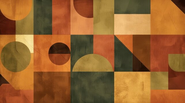 An abstract design with geometric patterns highlighted by earthy colors. Squares, circles, and triangles in terracotta, olive green, rust orange, and mustard yellow 