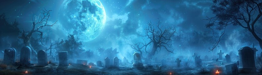 Eerie graveyard under a full moon with fog and bare trees, evoking a chilling and spooky atmosphere at night.