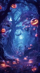 Haunting Halloween night forest with glowing jack-o'-lanterns, spooky trees, full moon, bats, and magical blue light creating an eerie atmosphere.
