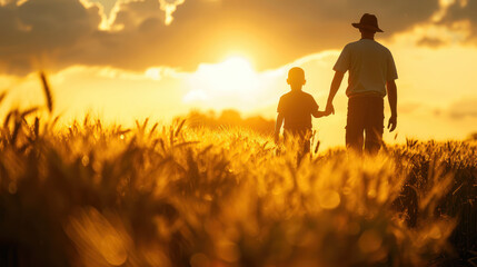 A father and son walking hand in hand through a field at sunset, symbolizing family bond and connection in a rural setting.