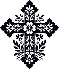 Cross decorative Floral design Silhouette Motif Pattern, Holy cross with Flower design elements silhouette pattern black and white	
