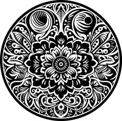 Mandala design, round geometrical shape decorative Floral design Silhouette Motif Pattern, round shape Flower design elements silhouette pattern black and white 