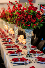 Formal wedding reception with red flowers.