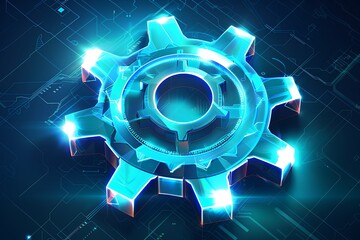 A futuristic gear icon with holographic elements, illustrating settings and customization