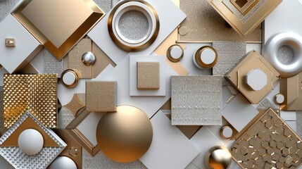 An abstract geometric background with metallic accents. Gold squares, silver circles, copper triangles, and intricate hexagons are arranged in a visually sophisticated and luxurious design.