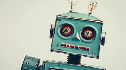 The face of a friendly vintage toy robot. Fun robotic toy. Technology and engineering concept. Illustration for varied design.