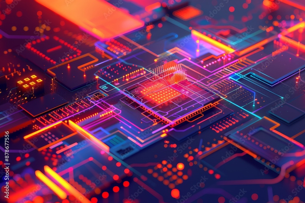 Poster computer circuit board illuminated by neon lights, capture the potential of ai algorithms in optimiz