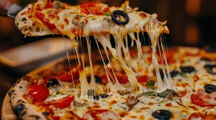 A close-up of a slice of pizza being lifted off of a pie, showing melted cheese stretching out in long strands