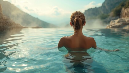 Tranquility at Spa: Woman in Steaming Mountain Pool