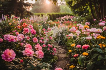 A garden bursting with pink and yellow flowers in full bloom, Capturing the beauty of a blooming flower garden