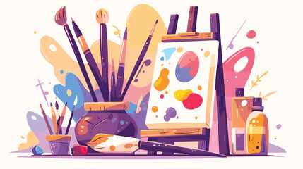 Art supplies banner. Kids creative arts school or cam