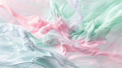 An enchanting abstract scene with fluid, dynamic patterns in soft pastel colors of blush pink, mint green, and powder blue, evoking the gentle movements of ink in water 
