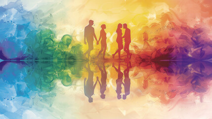 A colorful painting of a group of people walking in a rainbow