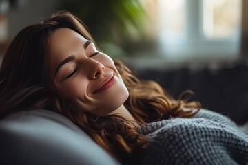 Happy woman enjoying peaceful moment at home