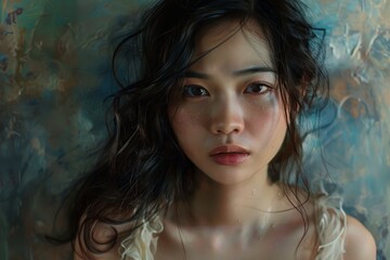 A woman with long hair is standing in front of a painting, Capturing the essence of genuine emotions in a portrait