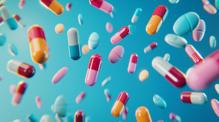 close up pill and capsules on the blue background