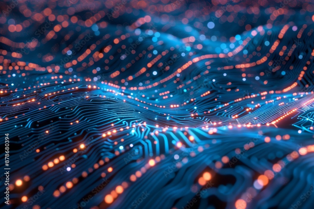 Poster a detailed view of a computer circuit board with vibrant blue and orange lights indicating activity,
