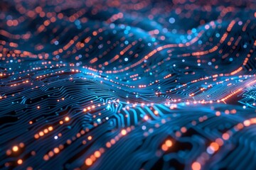 A detailed view of a computer circuit board with vibrant blue and orange lights indicating activity, Capturing the essence of machine learning algorithms