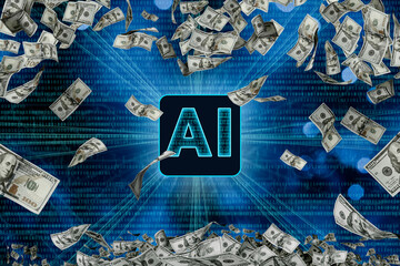 AI, artificial intelligence concept. Money wallpaper background with US dollar bills tornado,...