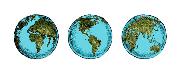 Globe sketch. Hand drawn earth planet with continents and oceans. Doodle world map vector illustration. Planet and world sketch map with ocean and land.