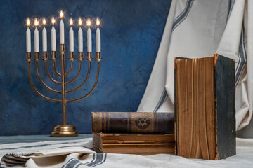Hanukkah Jewish holiday celebration. Hanukkiah Menorah, Old book Talmud, Torah, Hebrew Bible, Star...
