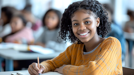 Smiling African American Female Student Engaged in Classroom Learning