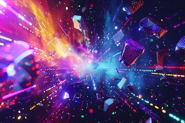 A futuristic glitch art explosion with distorted shapes, neon colors, and binary code fragments flying through the air.