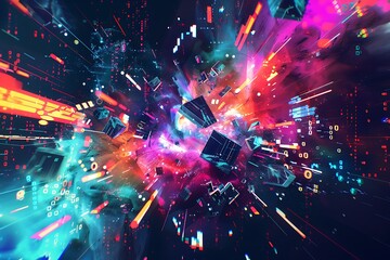 A futuristic glitch art explosion with distorted shapes, neon colors, and binary code fragments flying through the air.