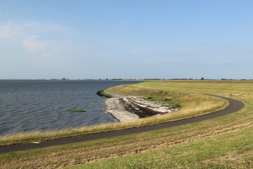 a wash up with shells and seaweed in the bend of the seawall of the westerschelde sea with high...