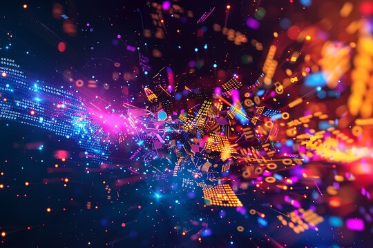 A futuristic glitch art explosion with distorted shapes, neon colors, and binary code fragments flying through the air.