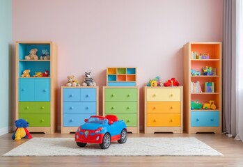 little children boys or girls bedroom furniture interior design with toys and colorful cabinets, empty blank wall