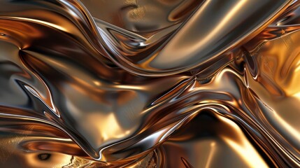 An enchanting abstract scene with fluid, dynamic patterns featuring metallic highlights of gold and copper, evoking the gentle movements of liquid metal and creating a high-end, elegant feel.
