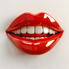 Naklejka premium Beautiful mouth 3d isolated on white. Bright red shiny lips, white even teeth, smile.