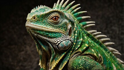 Fototapeta premium Portrait of green iguana on dark background.
